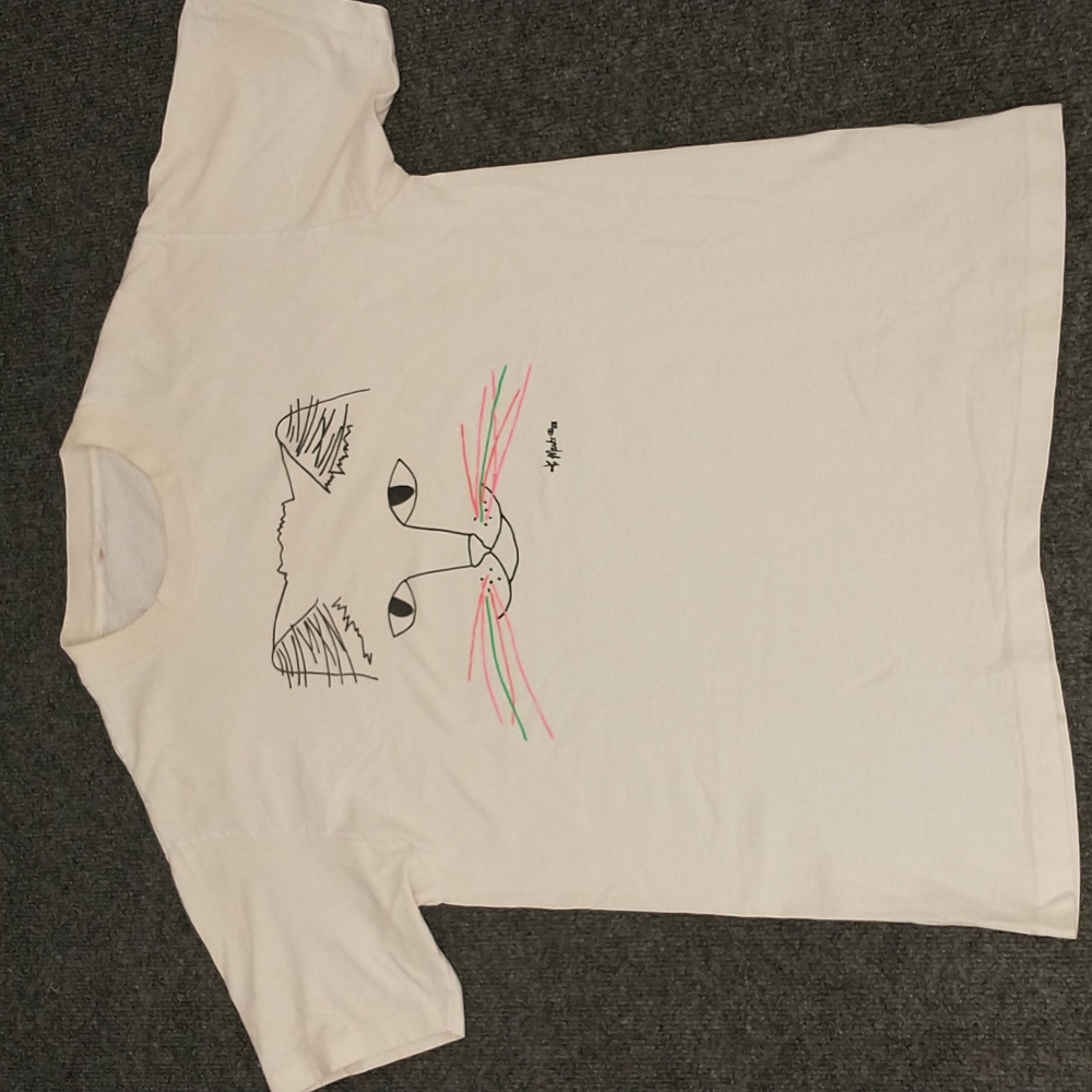 80's Vintage Cat Tee Soft Cotton T Shirt Intense Kitty K. Marks 1988 Graphic Lg - Picture 2 of 7
